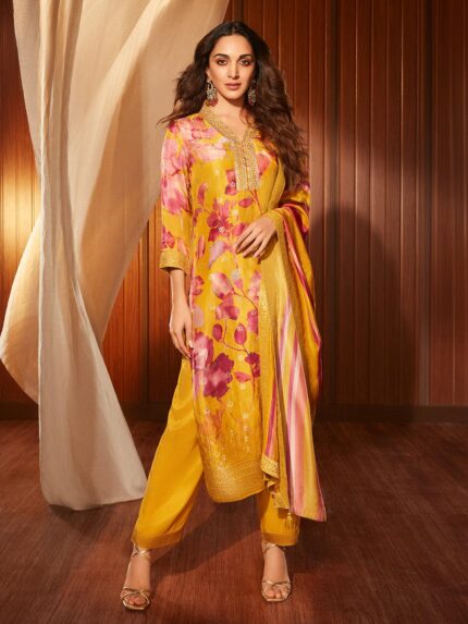 Mustard Printed Silk Blend Straight Suit With Dupatta